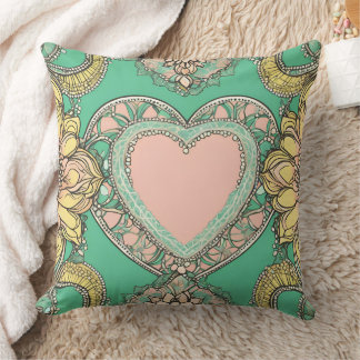 Coussin Boho teal & yellow heart mandala floral AI art 
