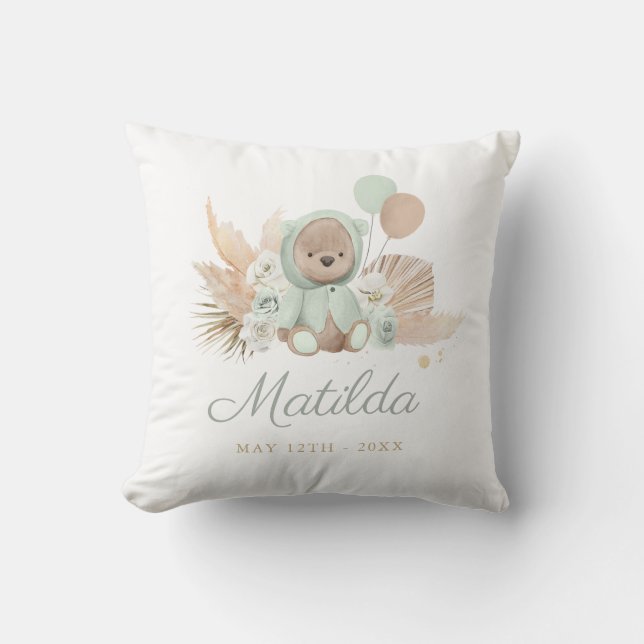 Coussin Boho Teddy Bear Baby shower Cadeau Sage Green (Recto)