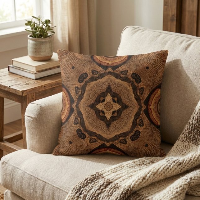 Coussin Boho Terreux Marron Tribal Mandala Kaléidoscope (Créateur téléchargé)