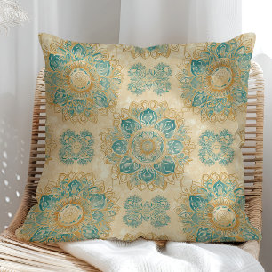 Coussin Boho Turquoise et Sable Beige Mandala