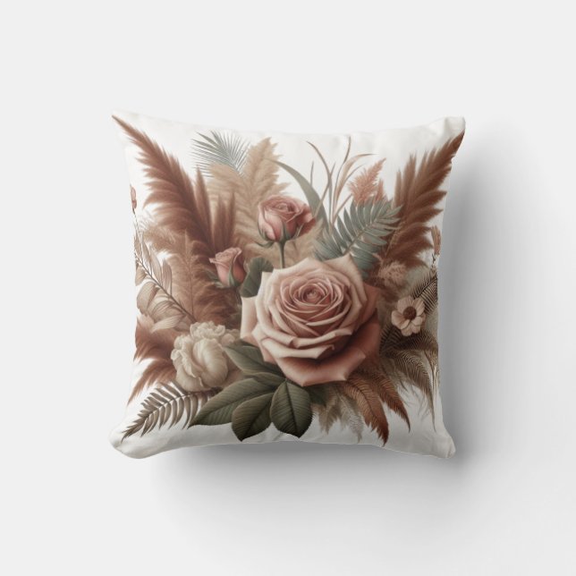 Coussin Boho vintage fleurs rose avec pampas herbe (Recto)
