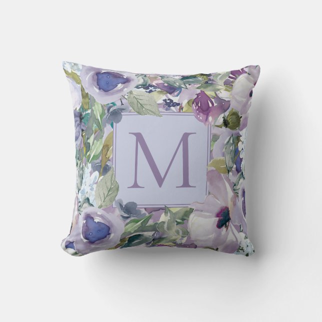 Coussin Boho violet poussiéreux bleu aquarelle floral mono (Recto)