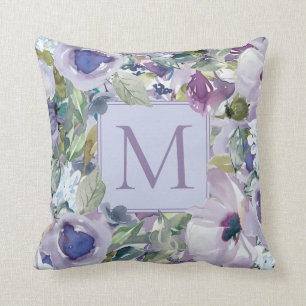 Coussin Boho violet poussiéreux bleu aquarelle floral mono