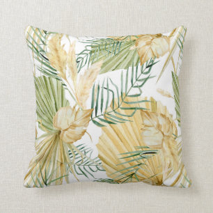 Coussin Boho Watercolor Feuilles tropicaux et graminées d