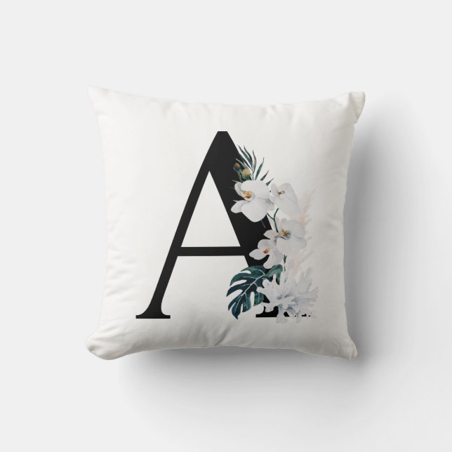 Coussin Boho White Orchidées Tropical Lettre A Monogramme (Recto)