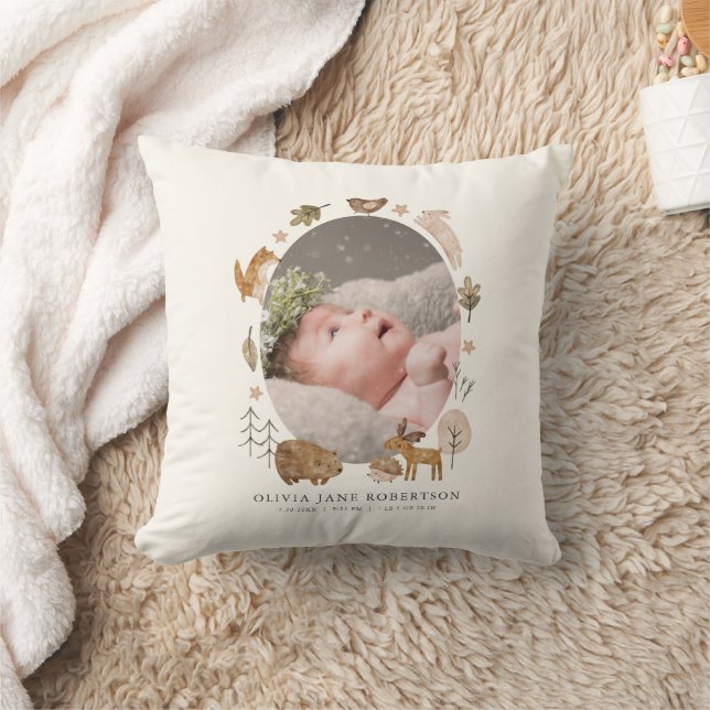 Coussin Boho Woodland Animals Baby Stats Photo (Couverture)