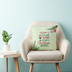 Coussin Boire du vin, regarder les films de Noël, manger d