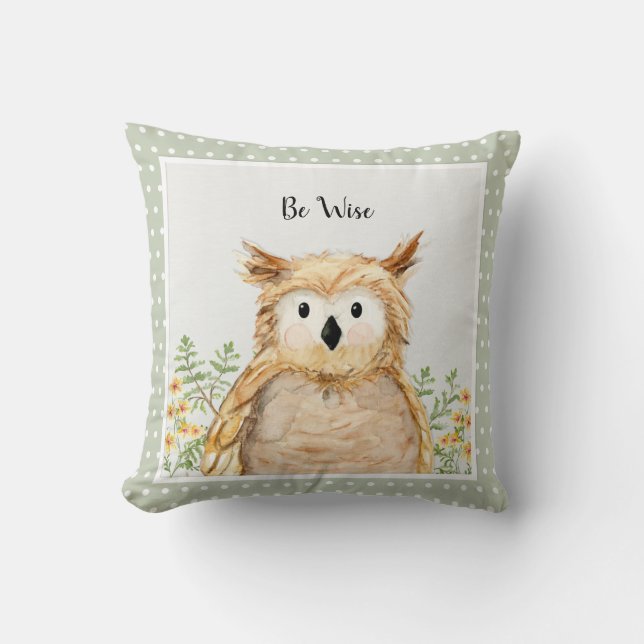 Coussin Bois Be Wise Owl Aquarelle Bois Forêt Animal (Recto)