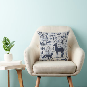 Coussin Bois Bleu et blanc Renard animal Bird Silhouette