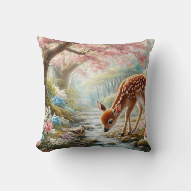 Coussin Bois de printemps avec canard et faon/cerf (Recto)