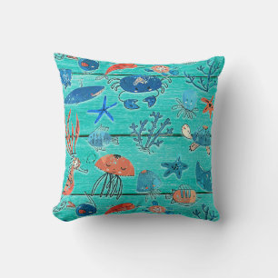 Coussin Bois de teinte bleue rustique et amis fantaisistes