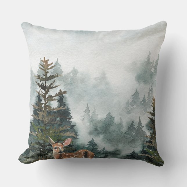 Coussin Bois d'hiver Foggy Mountain Forest Doer Deer (Recto)