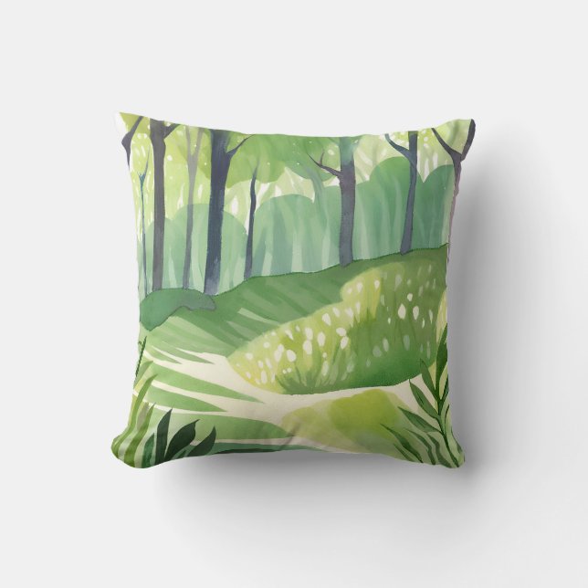 Coussin Bois Fantaisiste | Paysage à l'aquarelle de forêt (Recto)