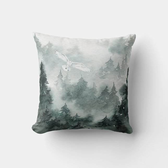 Coussin Bois Foggy Mountain Forest Cercler Chouette blanch (Recto)