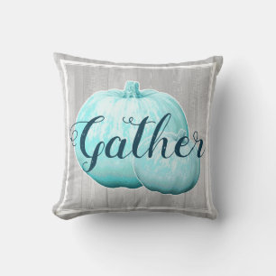 Coussin Bois gris rustique et Citrouilles bleus Rassembler