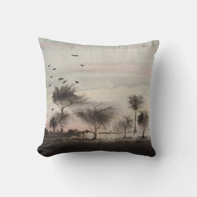 Coussin bois rustique automne Paysage coucher du soleil (Recto)