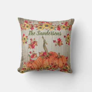 Coussin Bois rustique Automne Tournesol Citrouilles Feuill
