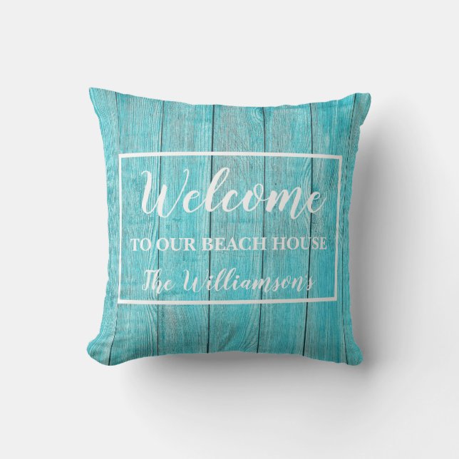 Coussin Bois Rustique Bienvenue Dans Notre Maison de Plage (Recto)