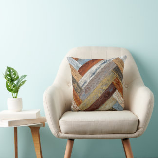 Coussin Bois Rustique Chevron Jaune Rouille Bleu