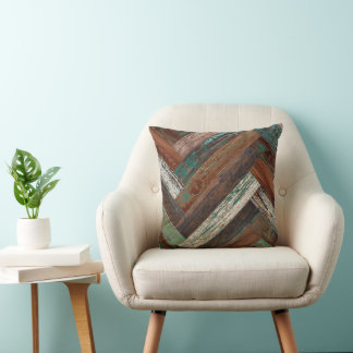 Coussin Bois Rustique Chevron Vert Rouille Marron