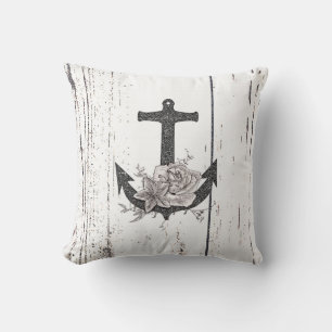 Coussin Bois rustique côtier floral vintage ancre de plage