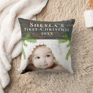 Coussin Bois Rustique Premier Noël de Bébé Photo