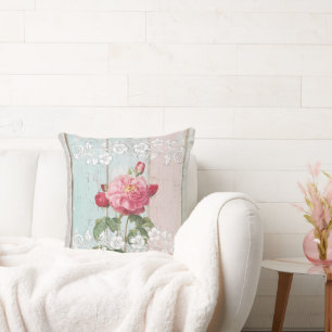 Coussin Bois rustique vintage moderne Fleurs roses tendanc