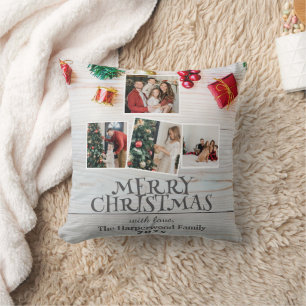 Coussin bois sobre et élégante famille Noël Photo collage