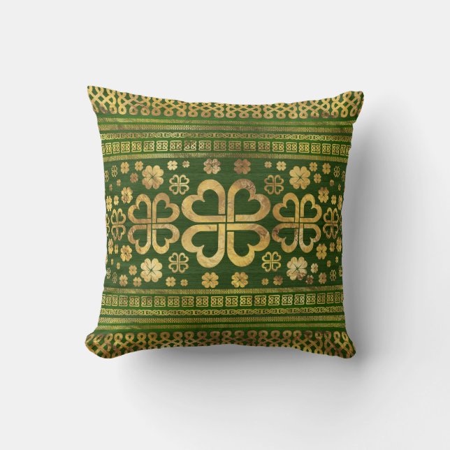 Coussin Bois vert Shamrock à quatre feuilles et or (Recto)