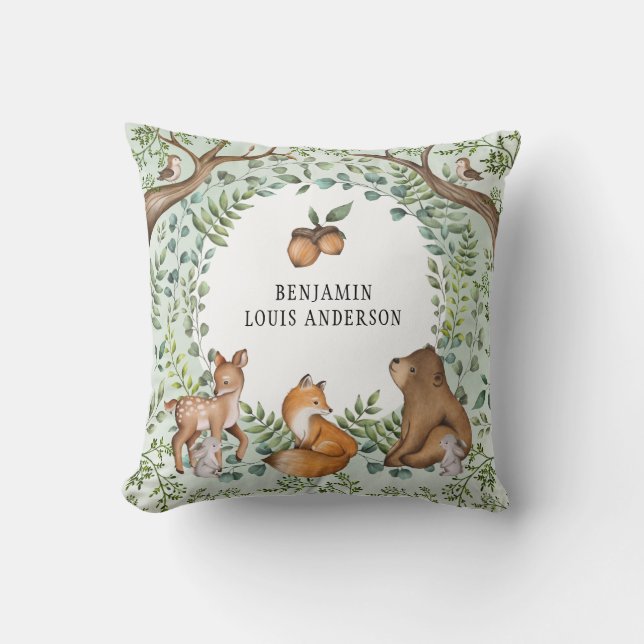 Coussin Bois Whimsical Bébé Animaux Forêt Végétation  (Recto)