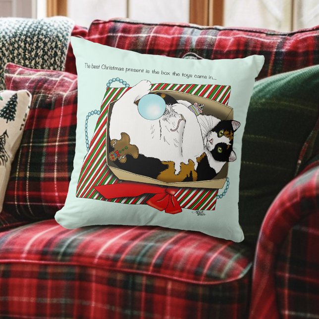 Coussin Boîte cadeau drôle de chat calico de Noël (Créateur téléchargé)