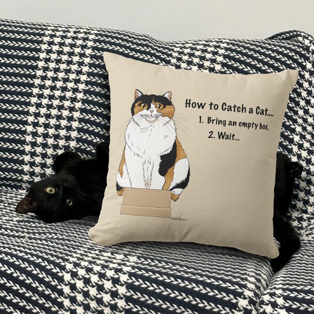 Coussin Boîte de chat drôle beige calicot Humour attrapé (Créateur téléchargé)