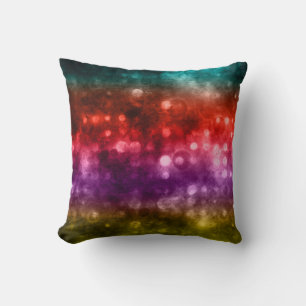 Coussin Bokeh design turquoise, rouge, violet et chartreus