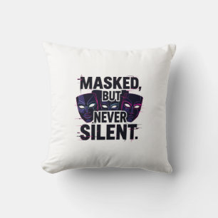 Coussin Bold Digital Art with Three Stylized Masks and "Ma