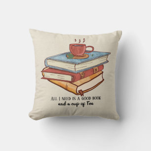 Coussin Bon livre tasse de thé lecture de tasse faux lin