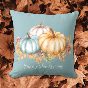 Coussin Bon thanksgiving aquarelle citrouille bleu floral