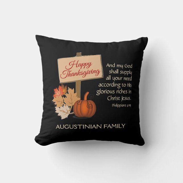 Coussin BON THANKSGIVING Customisé Phil 4:19 NOIR (Recto)