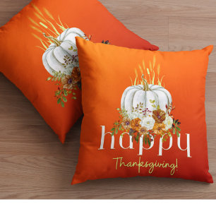 Coussin Bon thanksgiving orange Citrouille fleuri d'automn