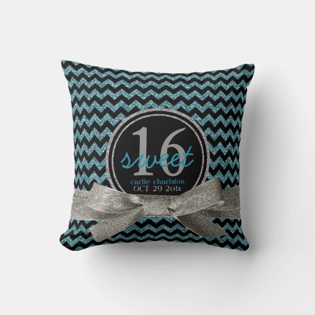 Coussin Bonbon 16 à Chevron de noir d'Aqua de nom et (Recto)