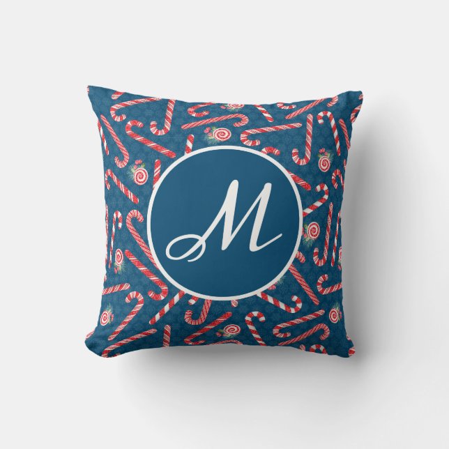 Coussin Bonbon à la menthe Noël Canne Monogramme Bleu (Recto)