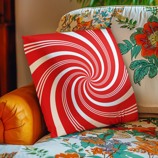 Coussin Bonbon torsadé canne rouge (Red Candy Cane Twirl Throw Pillow)