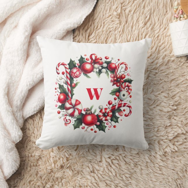 Coussin Bonbons de Noël Whimsical Wreath Monogramme Décor (Couverture)