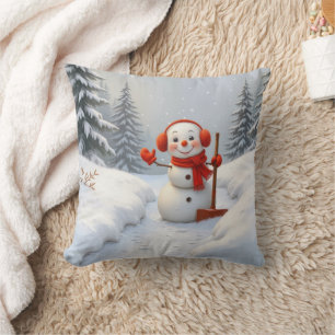 Coussin Bonhomme de neige amical avec une pelle rouge