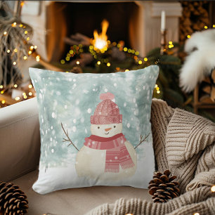 Coussin Bonhomme de neige Aquarelle Noël Bois hivernal