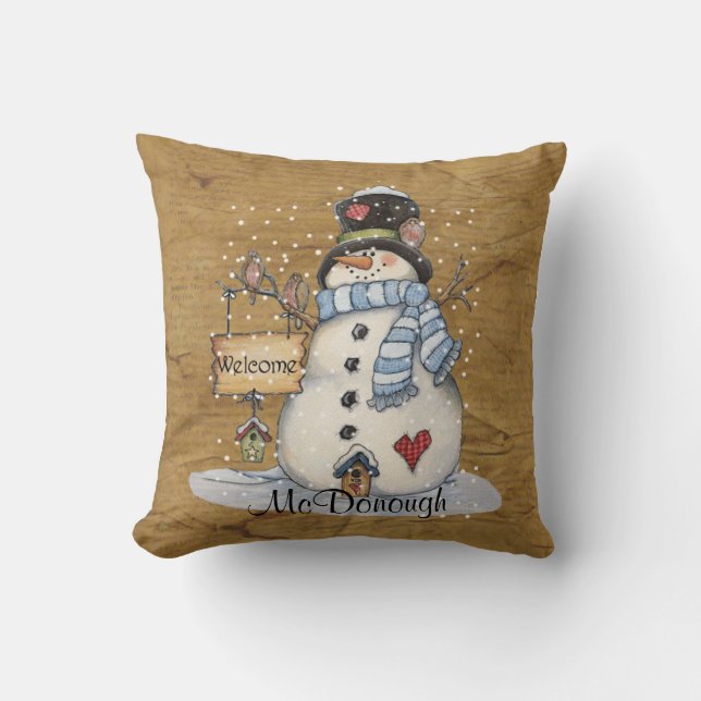 Coussin Bonhomme de neige d'art populaire sur le vieux (Recto)