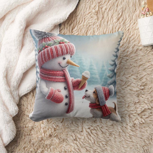 Coussin Bonhomme de neige de Noël avec chien (Couverture)