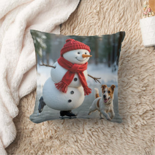 Coussin Bonhomme de neige de Noël patinant avec un chien