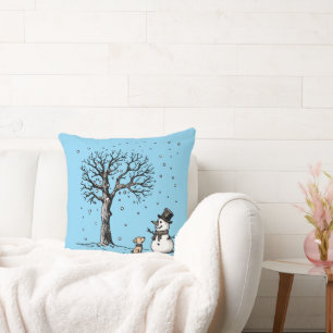 Coussin Bonhomme de neige et chien : l'amitié de l'hiver