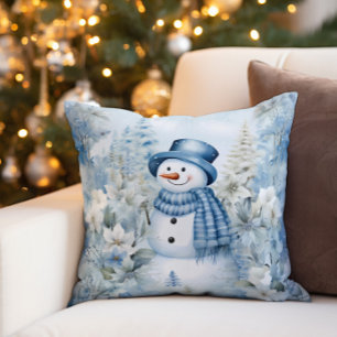 Coussin Bonhomme de neige Hiver Neige Chapeau Écharpe Bleu
