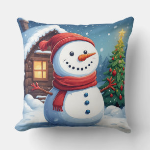 Coussin Bonhomme de neige joyeux avec sapin de Noël